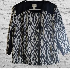 Chico's 2 Ikat Black-and-White Moto Jacket Zip front top snap zip pockets jacket